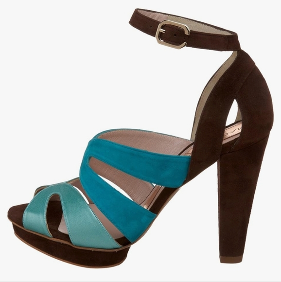 Magrit Spain Leather & Suede Ankle Strap Platform Heels Teal Blue & Brown 37.5 7 - Picture 2 of 16